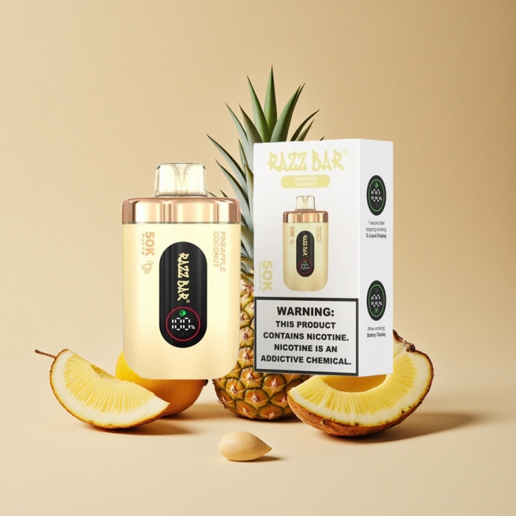 Razz Bar 50K Bouffées Vape Jetable Ananas Noix de Coco Rechargeable Type-C
